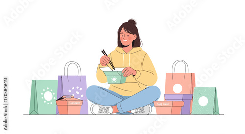 Casual Figure Enjoying Delivered Meal Surrounded By Takeaway Containers And Paper Bags