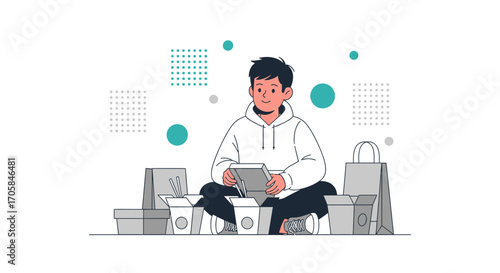 Casual Individual With Food Delivery Boxes And Takeout On Plain White Background