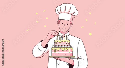 Baker Adorning Decorated Cake with Candles for a Festive Celebration Occasion