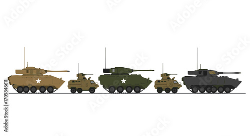 Military armored vehicles lineup with various colors and designs