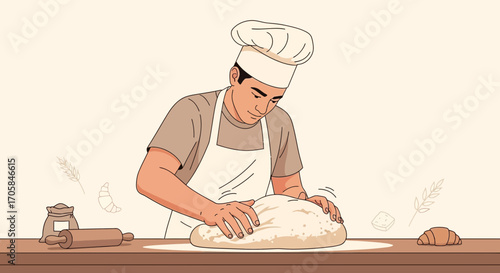 Baker Crafting Delicious Bread In Kitchen, Illustrating Food, Culinary Arts, And Baking Process.