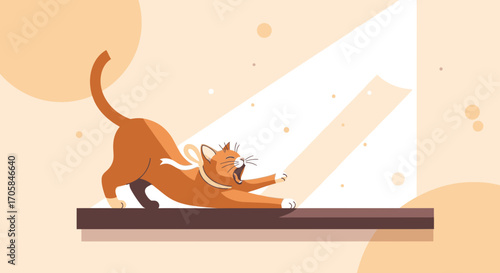 Cat Stretching in Sunlight, Adorably Yawning in a Peaceful Interior Space