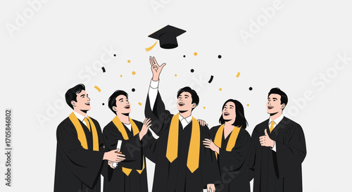 Celebrating The Moment: Group Of Graduates Rejoices With Graduation Hat Toss In Joy