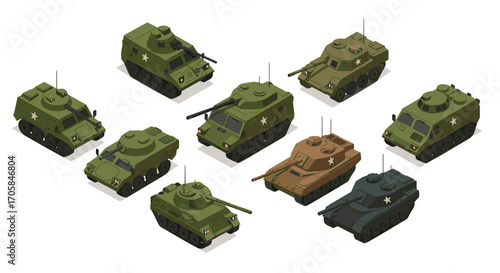 Isometric military vehicles set with various tanks and armored cars