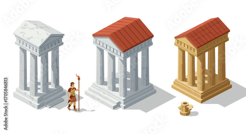 Isometric ancient greek and roman temples with columns and roofs