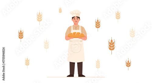Baker Presenting Freshly Baked Bread With Wheat Sprigs Isolated on White Background