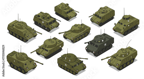 Military vehicles isometric set featuring various tanks and armored cars
