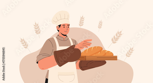 Baker's Culinary Craft: Freshly Baked Bread Presentation in Modern Flat Style