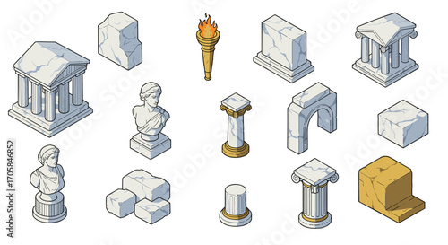 Isometric ancient greek architecture elements: temples, columns, and sculptures
