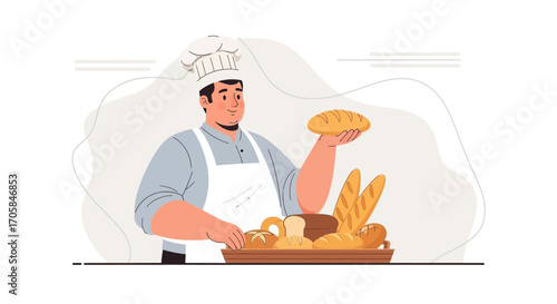 Bakery Chef Proudly Presenting Freshly Baked Bread, Promoting Culinary Arts.
