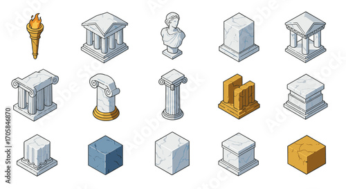 Classical architecture icon set with marble columns and temples