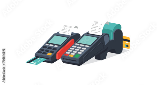 Modern isometric payment terminals with credit cards and receipts