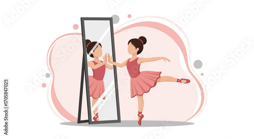 Ballerina In Pink Practicing Ballet, Rehearsing Near a Large Mirror, Standing Alone