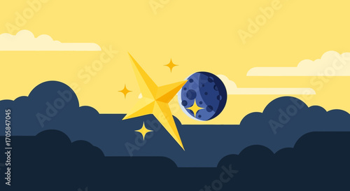 Celestial Alignment: Star Navigates Between Moon Amidst Cloudscape Abstraction