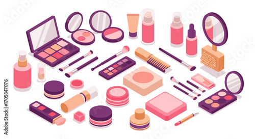 Isometric makeup set with brushes, mirrors, and cosmetics in pastel colors