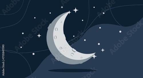 Celestial Moon and Stars Night Sky Illustration in Modern Flat Design Style