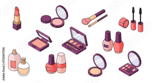 Isometric makeup collection featuring lipstick, brushes, and perfume bottles