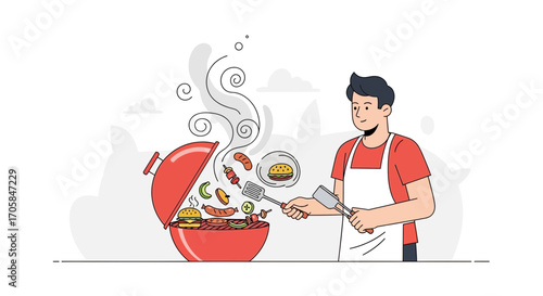 Barbecue Illustration Depicting Preparation of Grilled Food and Person with Utensils