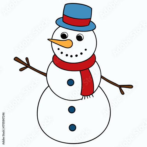 Cartoon snowman wearing a blue hat and red scarf with arms raised  