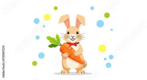 Charming Bunny Holding a Carrot with Colorful Decorations in a Simple Cartoon Design