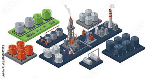 Industrial oil refinery isometric design with storage tanks and pipelines