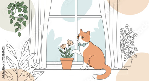 Charming Cat Admiring Flowers in a Window with Botanical Decorations and Artistic Flair