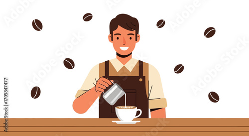 Barista Crafts Latte Art in Coffee Cup, Smiling with Coffee Beans, Freshly Brewed Beverage