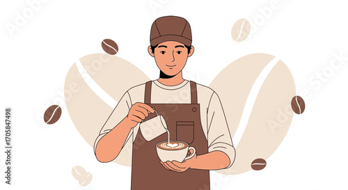Barista Crafting Latte Art In Cozy Cafe: A Delicious Beverage Creation Illustration