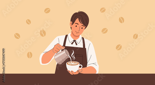 Barista Crafting Perfect Coffee Latte Art In A Cozy Cafe Illustration