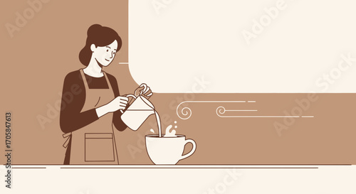 Barista Preparing Beverage: Pouring Liquid Into Cup In Minimalist Sepia Tones Illustration