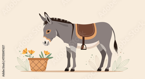Charming Donkey Next To Decorative Flowers, A Pastoral Illustration In A Light Style