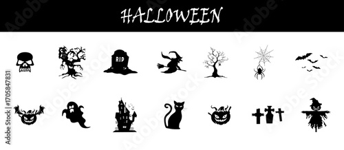 Halloween scary icon silhouettes collection. Spooky elements.