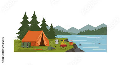Tranquil camping by lake with orange tent and campfire in flat design