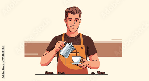 Barista Skillfully Pouring Freshly Brewed Coffee into a Delicate White Cup with Joy.