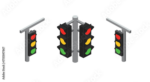 Isometric traffic lights with multiple signals: red, yellow, green for urban design