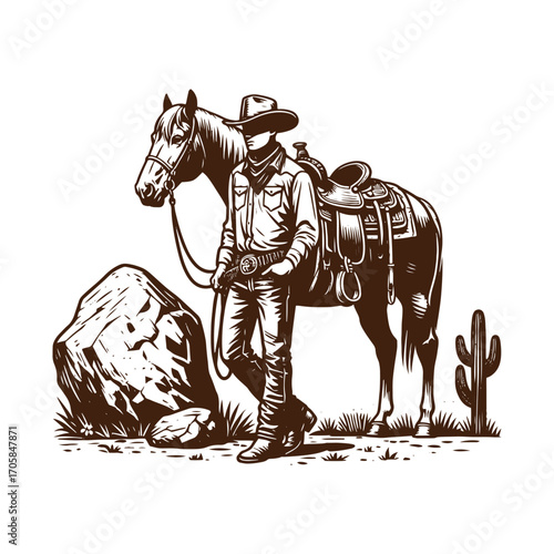 Classic Cowboy & Saddled Horse: Vintage Western Engraving Art