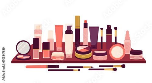 Flat style cosmetic products and beauty tools on display shelf
