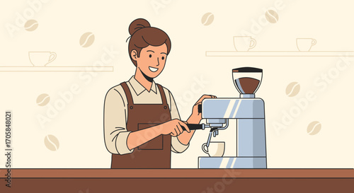 Barista Smiling While Brewing Coffee With An Espresso Machine At Cafe Or Coffee Shop