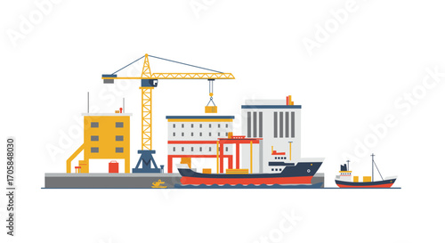 Modern port infrastructure with cargo ships and cranes in flat design