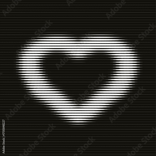 Abstract distorted heart shape with horizontal glitch lines. Black and white halftone retrofuturistic design for modern background, card and poster
