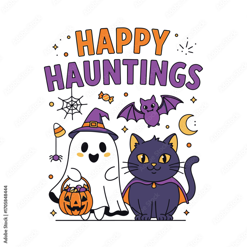 Fototapeta premium Cute Happy Halloween Spooky Skeleton Pumpkin Trick or Treat Skull and Bat Illustration