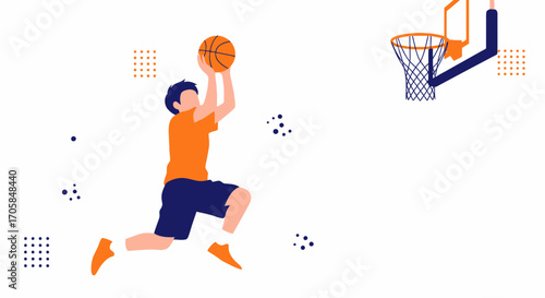 Basketball Player Attempts A Slam Dunk: Vector Illustration In Action Graphic