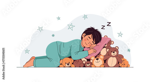 Charming Illustration Depicting Serene Sleep Amidst Teddy Bears and Soft Comfort