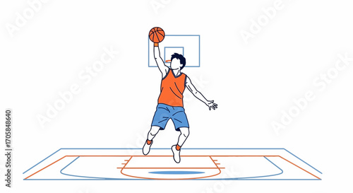 Basketball Player Performing A Slam Dunk Illustrated On A White Background, Sport Concept