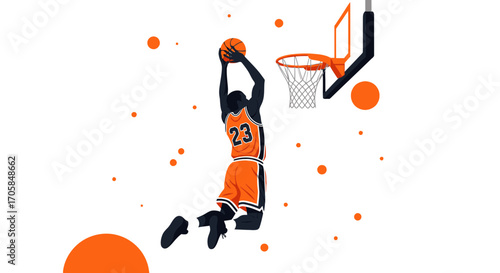Basketball Player Performing a Slam Dunk in a Dynamic and Vivid Vector Illustration