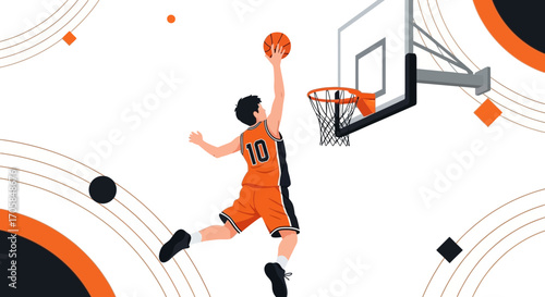 Basketball Player Performing Dunk During High-Flying Action Sporting Event Illustration