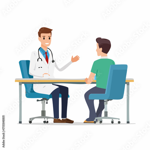 Ein Arzt in weißem Kittel spricht freundlich mit einem Patienten im Sprechzimmer.