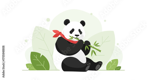 Charming Panda Eats Bamboo in a Lush Green Setting, Adorable Animal Illustration