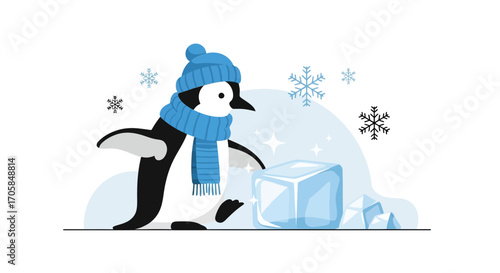 Charming Penguin Dressed In Cold Weather Accessories With Wintery Ice Cubes