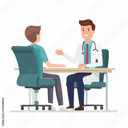 Ein Arzt in weißem Kittel spricht freundlich mit einem Patienten im Sprechzimmer.